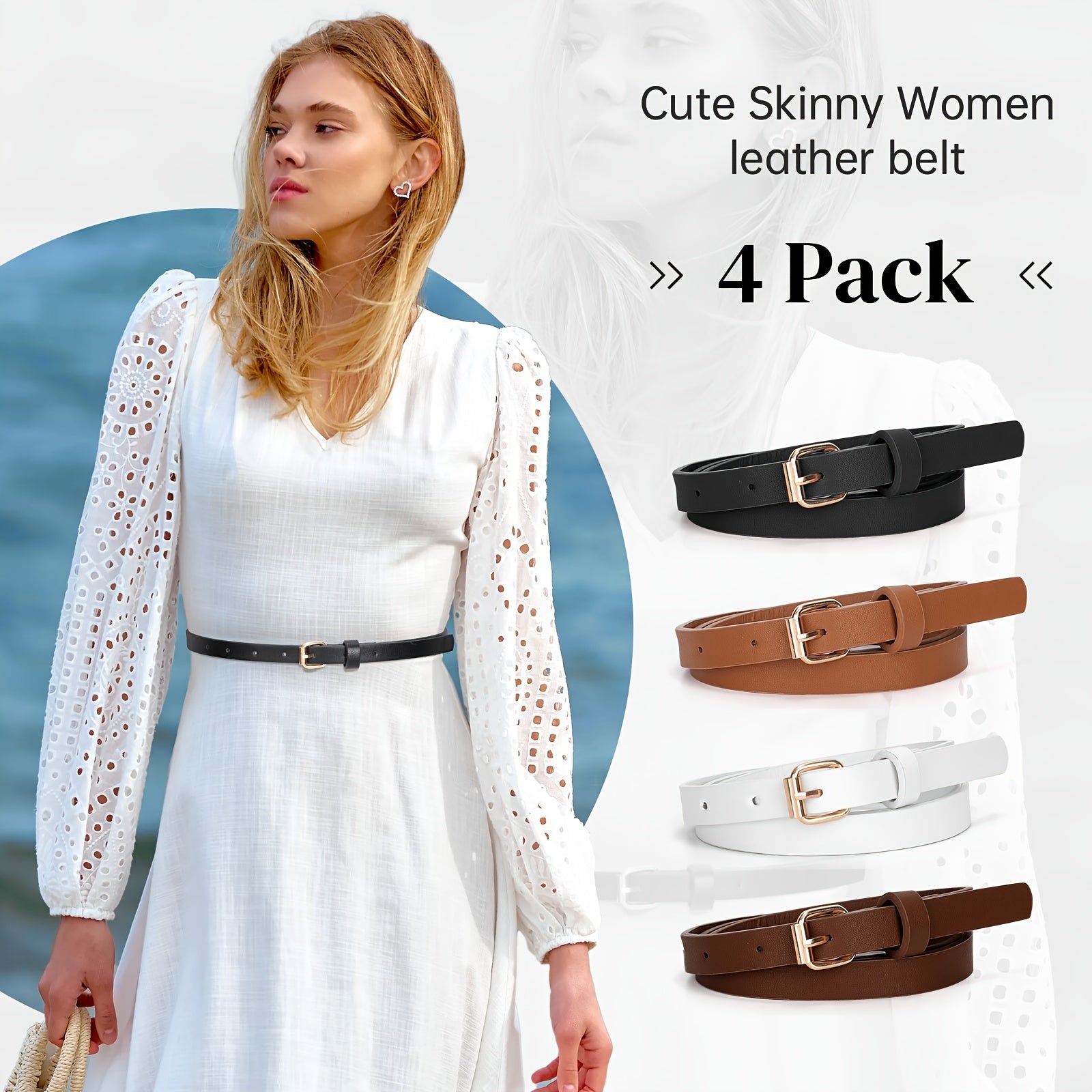 4pcs/set Square Pin Buckle Thin Belts - Simple, Classic, Solid Color Designs for Women's Jeans Pants - Casual, Comfortable, and Adjustable