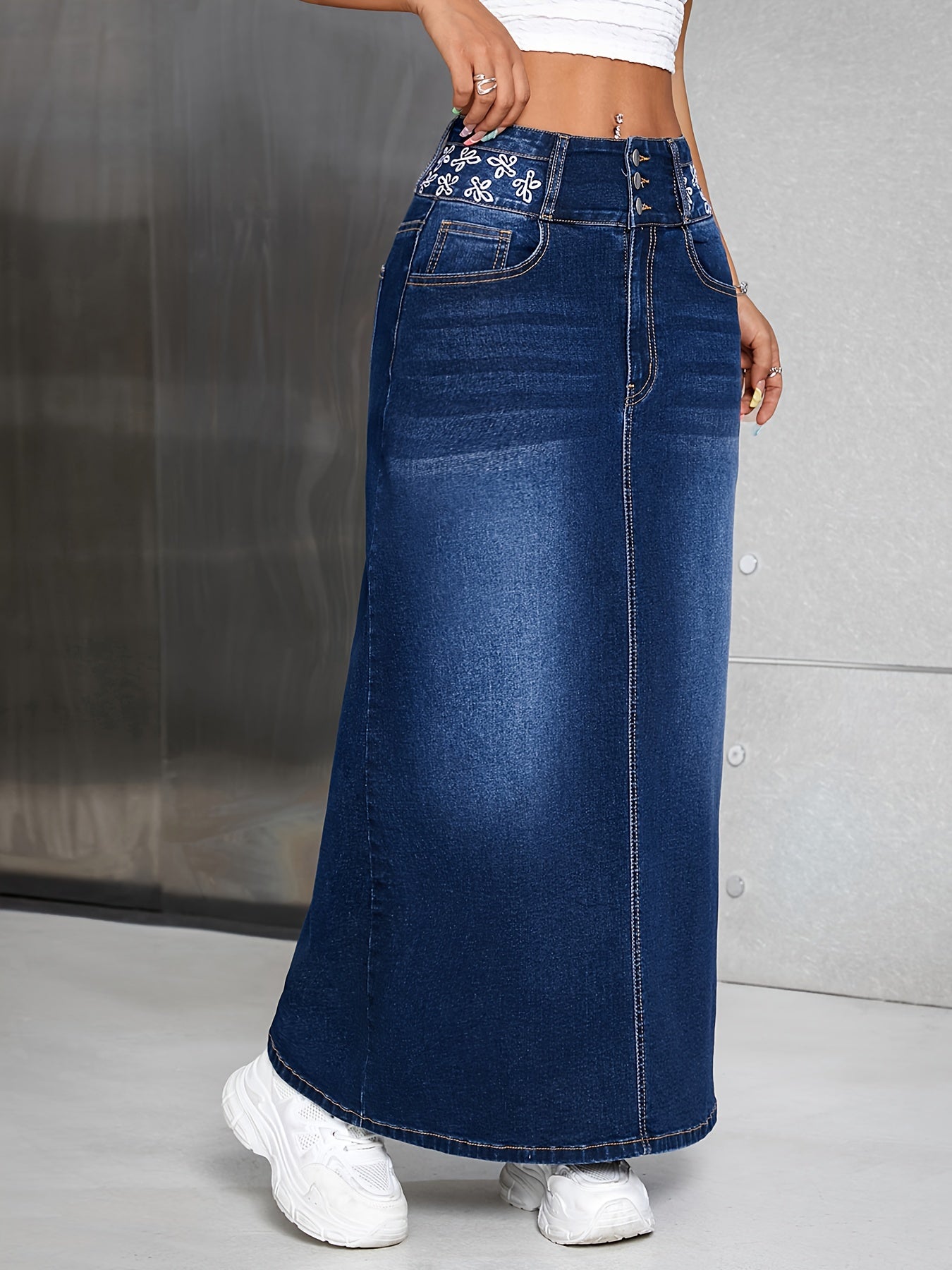 Women's High Rise Maxi Denim Skirt - Floral Embroidered, Single-breasted, Washed, Comfortable, Stylish, and Perfect for Casual Occasions