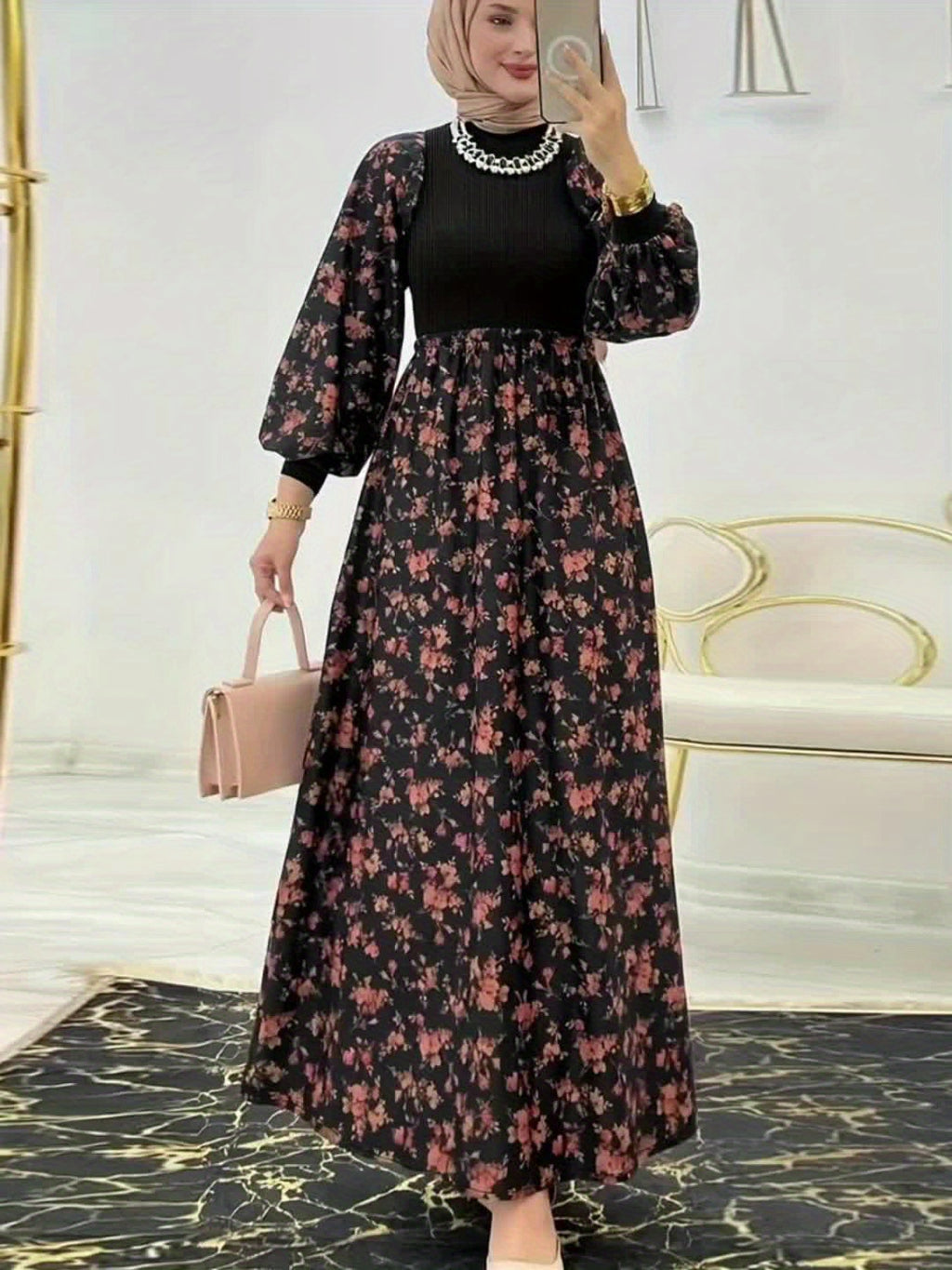 Women's Middle Eastern-Inspired Floral Print Maxi Dress - Polyester-Spandex Blend, Machine Washable, All-Season Versatile Wear, Elegant Casual to Formal Occasion Dress