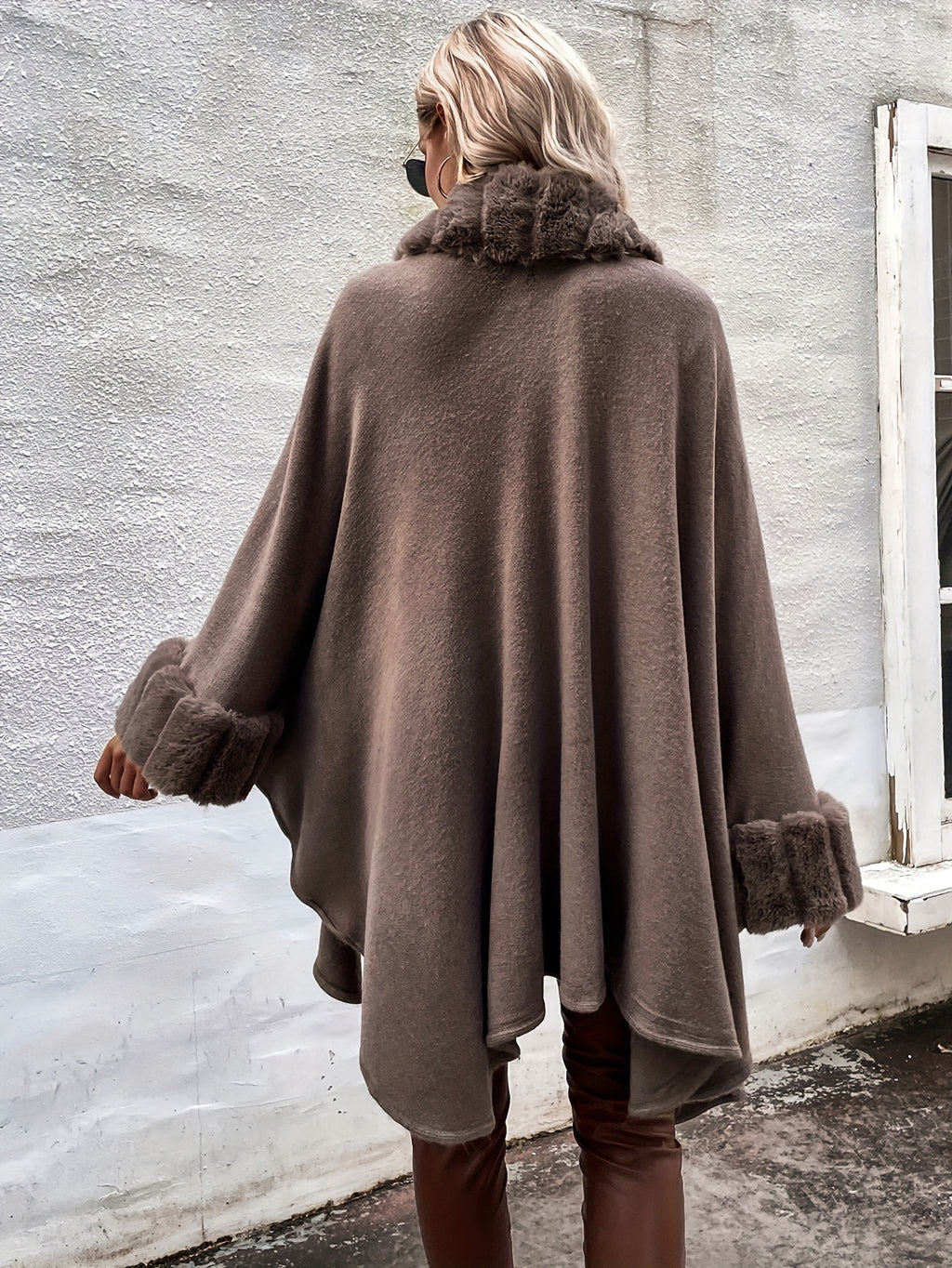 Plus Size Fuzzy Trim Solid Cape Coat, Elegant Paneled Open Front Warm Outerwear For Fall & Winter, Women's Plus Size Clothing