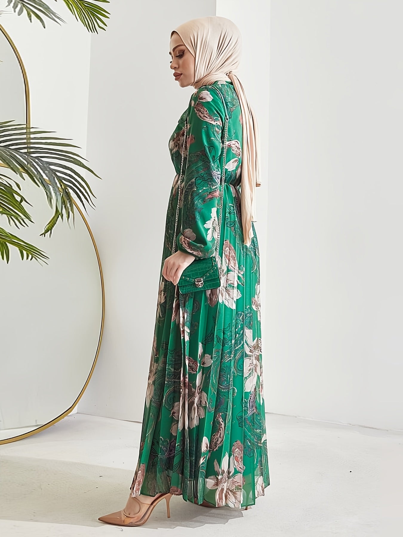 [Modest Kaftan Dress] Modest Long Sleeve Floral Print Kaftan Dress | Women's Pleated Flowy Maxi Dress, Clothing
