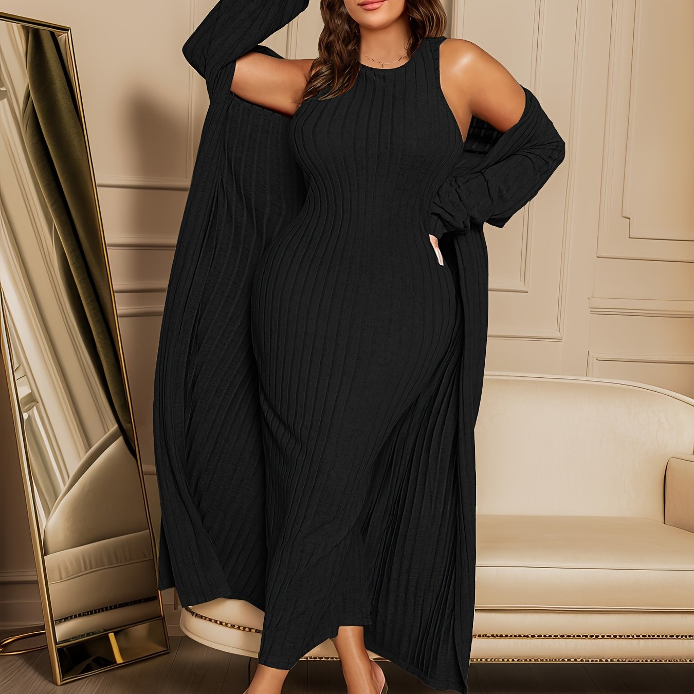 Plus Size Ribbed Chic Two-Piece Set - Long Sleeve Open Front Cardigan, Sleeveless Dress Outfits, Soft Stretchy Fabric, Flattering Fit, Women's Plus Size Clothing for Curvy Figures