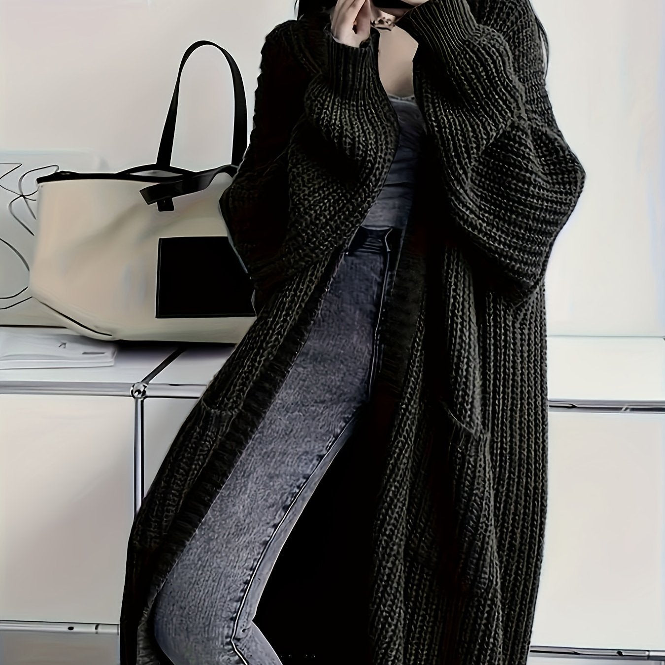 Plus Size Open Front Loose Knit Cardigan, Casual Long Sleeve Long Length Cardigan With Pocket, Women's Plus Size Clothing