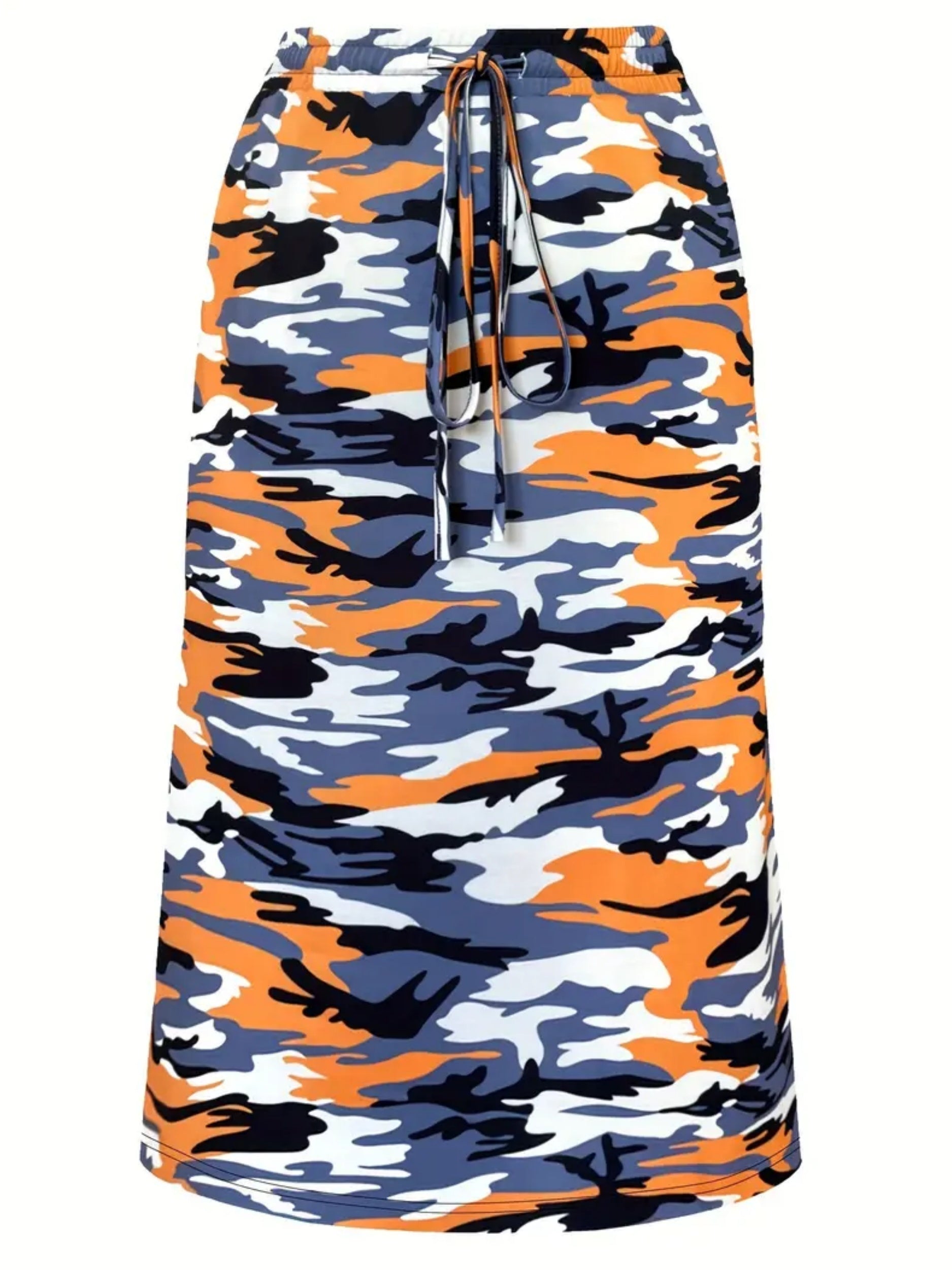 Plus Size Camo Print Skirt, Casual Drawstring Waist Skirt For Spring & Summer, Women's Plus Size Clothing