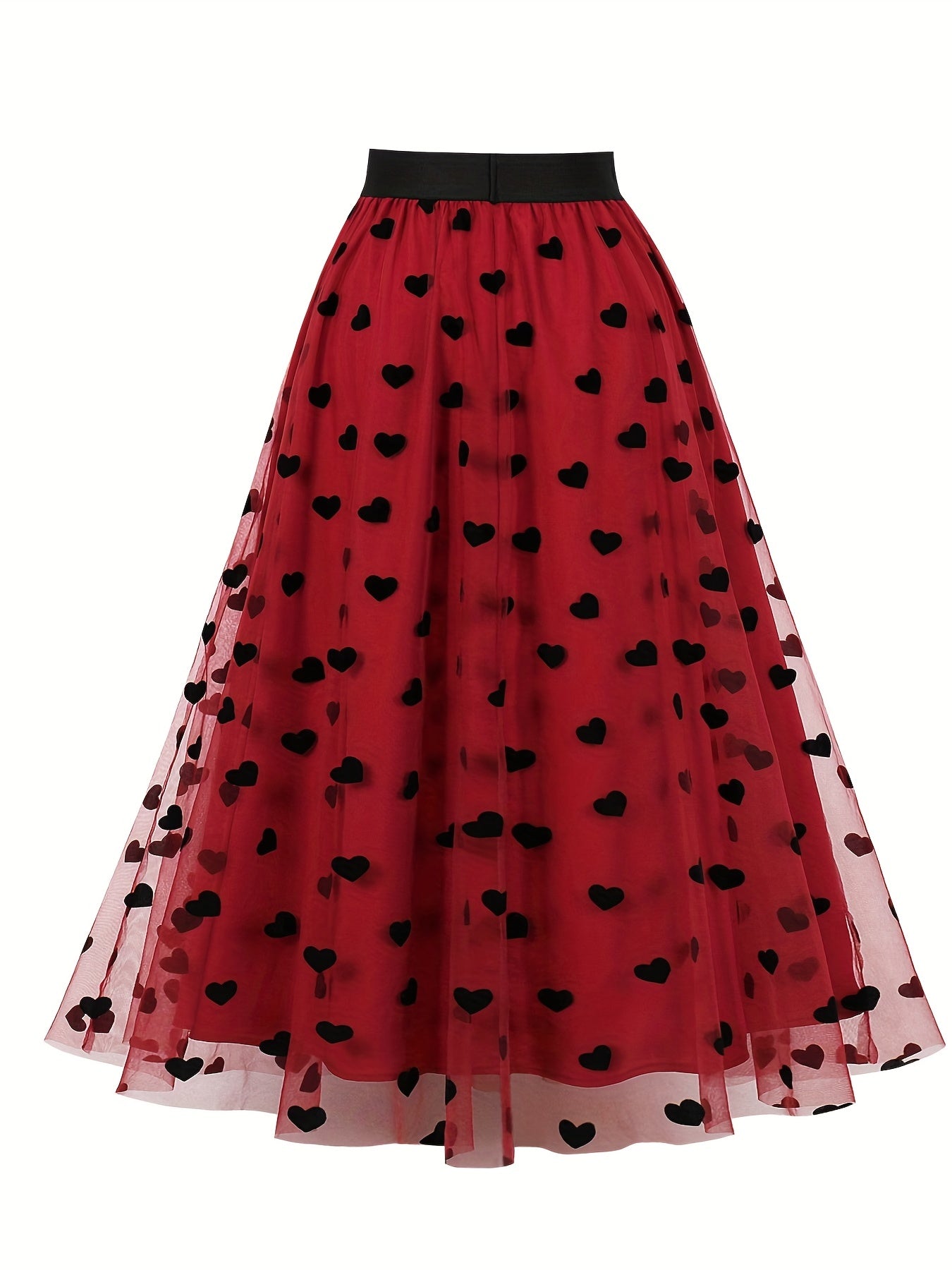 Cross-Border Vintage Midi Skirt, Puffy High-Waisted Skirt with Heart-Shaped Tulle, Printed Half Skirt 3295