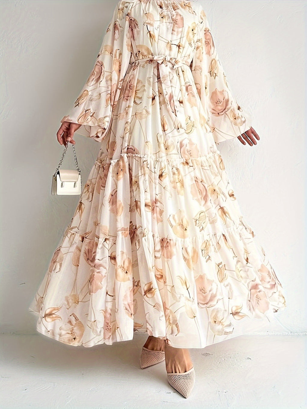 Flawless Floral Print Kaftan Maxi Dress - Flowy Crew Neck, Belted Waist, Luxurious Long Sleeves - A Stylish & Elegant Womens Clothing Choice for All Seasons