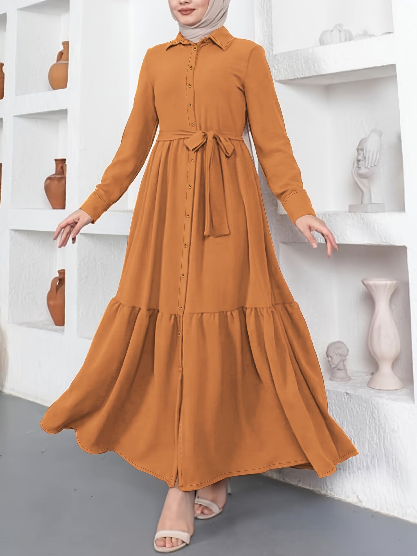 Elegant Solid Color Maxi Dress with Collar and Tie Waist - Button Detail, Non-Stretch Polyester Blend, Machine Washable - Perfect for All Seasons