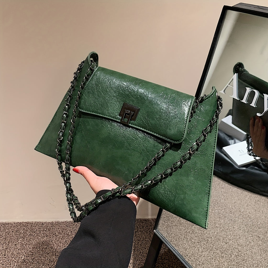 Vintage Glam Metal Chain Baguette Bag - Chic Underarm Purse with Premium Faux Leather Texture and Timeless Chain Strap - Versatile Fashion Accessory