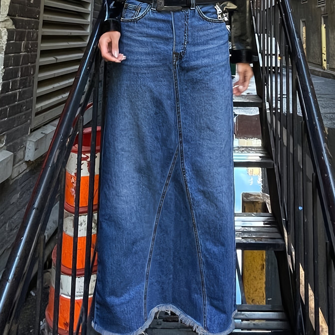 Raw Hem Slash Pocket Maxi Denim Skirt, Plain Washed Blue Whiskering Denim Skirt, Women's Denim Jeans & Clothing