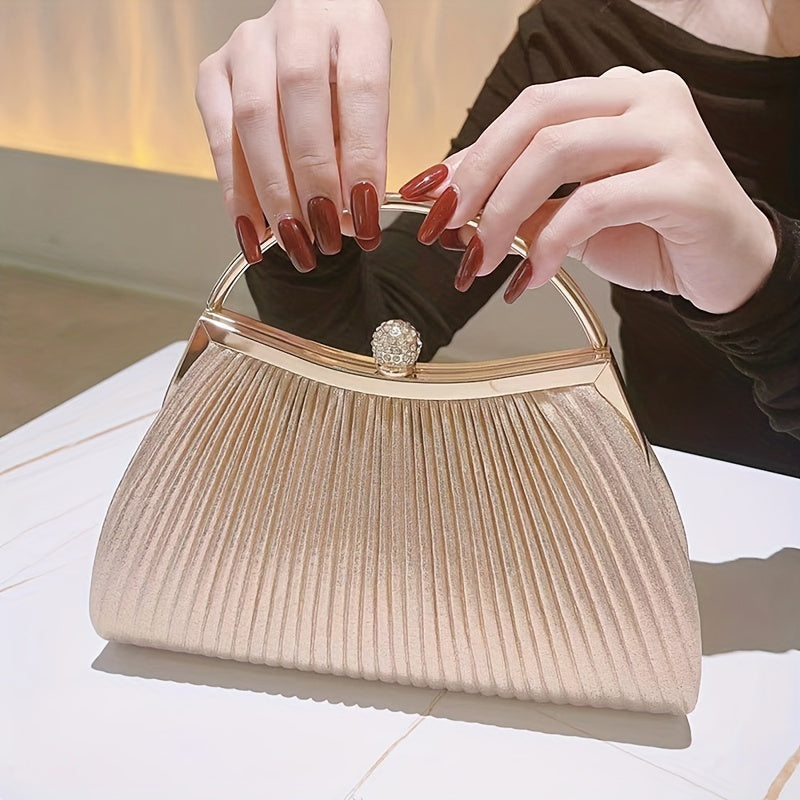 [Evening Clutch Purse] Rhinestone Decor Ruched Evening Bag for Women - Top Ring Clutch Purse Handbags for Wedding Prom Dinner
