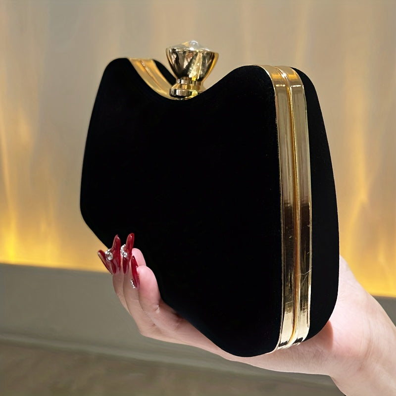 Women'S Elegant Black Luxury Evening Clutch Handbag with Golden-Tone Hardware - Structured Round Top & Chain Strap, Formal Party Purse for Special Occasions, Sophisticated Accessory, Golden-Tone Buckle Closure