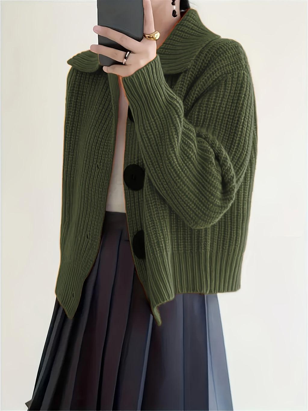 Plus Size Solid Color Button Front Knitted Cardigan, Stylish Casual Long Sleeve Cardigan For Fall & Winter, Women's Plus Size Clothing