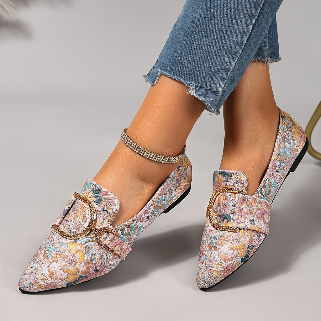 Light Blue & White Floral Design Women's Floral Embroidered Pointed-Toe Flats with Rhinestone Buckle - Soft Non-Slip Comfortable Casual Shoes, All-Season Versatile Slip-On Flats for Casual Attire, Ladies Shoes, Stylish Slipon