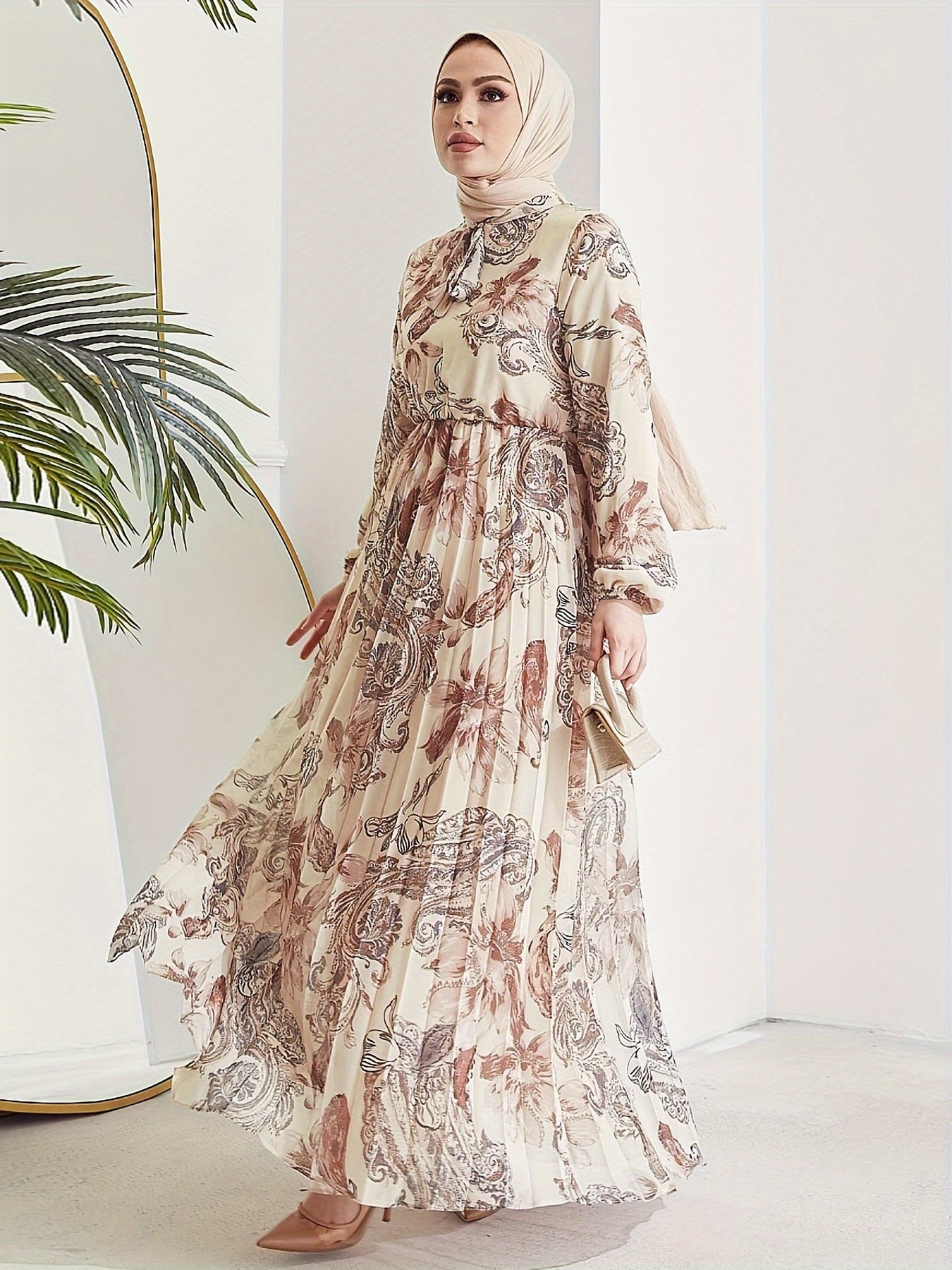 [Modest Kaftan Dress] Modest Long Sleeve Floral Print Kaftan Dress | Women's Pleated Flowy Maxi Dress, Clothing