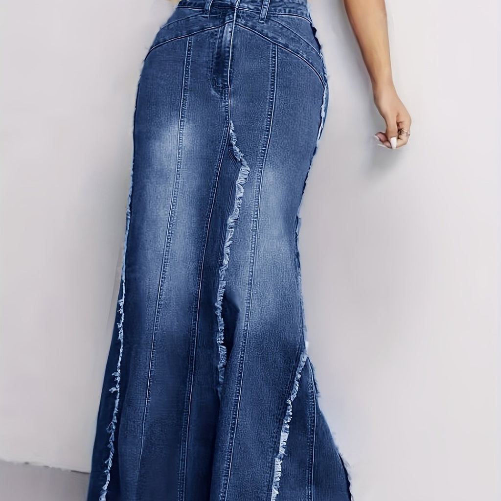 Raw Hem Washed Blue Stylish Stretchy Maxi Trumpet Denim Skirt, Women's Denim Jeans & Clothing
