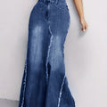 Raw Hem Washed Blue Stylish Stretchy Maxi Trumpet Denim Skirt, Women's Denim Jeans & Clothing