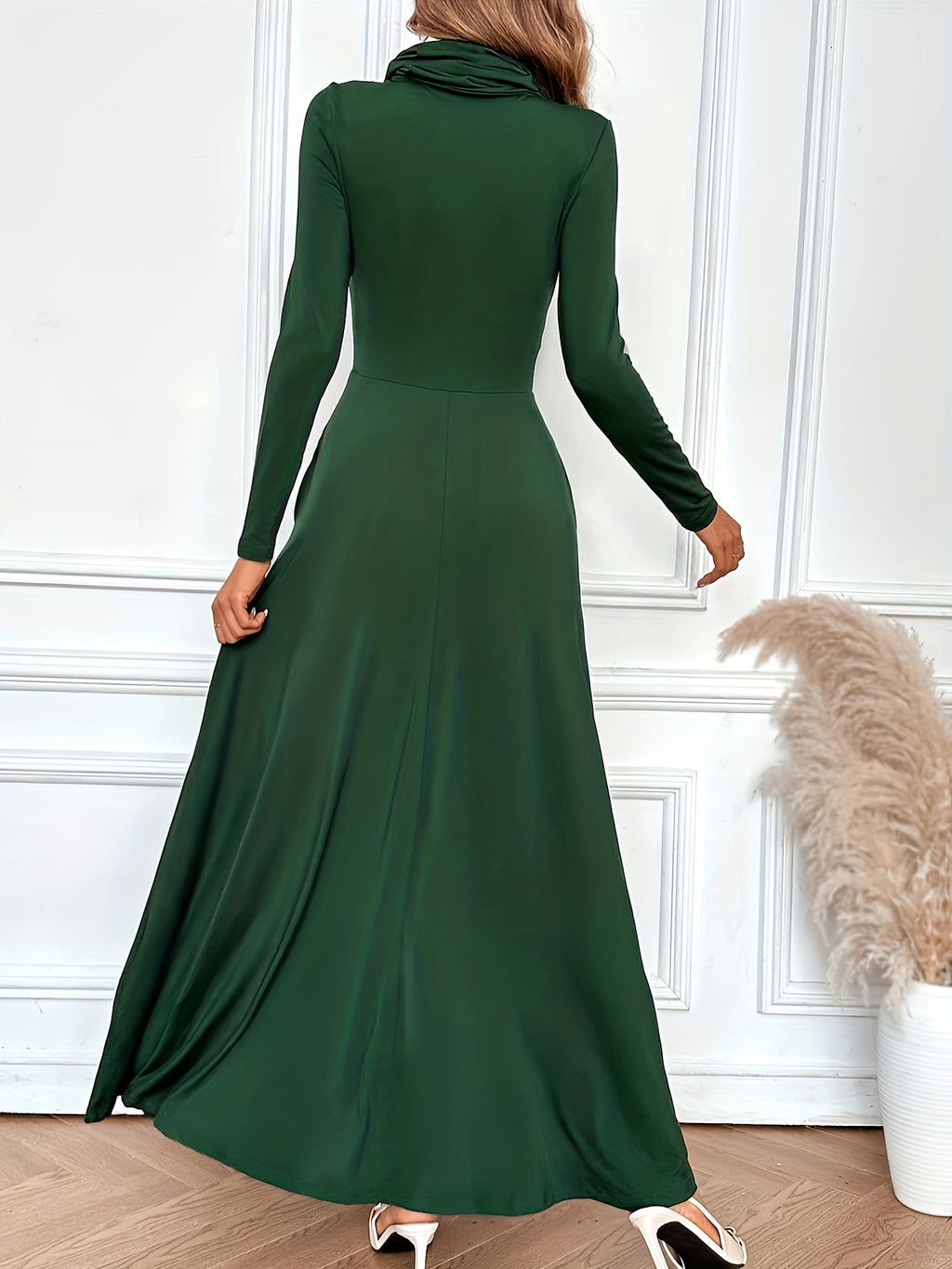 Elegant Solid Color Long Sleeve Maxi Dress with Pockets - Cowl Neck, Stretch Fabric, Machine Washable - Perfect for Spring & Fall, Directional Style, Slim Fit