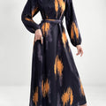 Women's Long Sleeve Geometric Print Maxi Dress with Belt - Polyester, Machine Washable, Long Length, Round Neck, All-Season Wear
