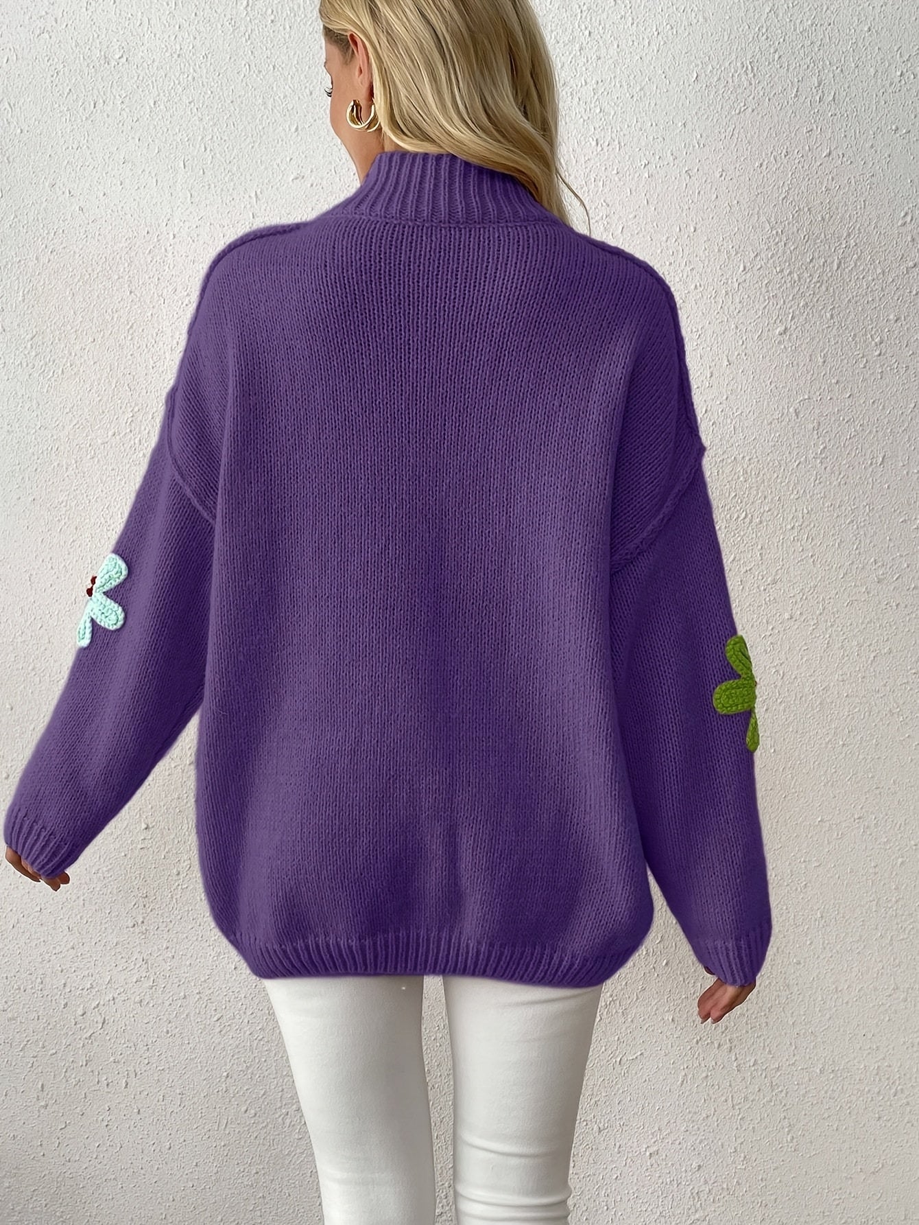 Plus Size Floral Applique Knit Sweater, Casual Long Sleeve High Neck Top For Fall & Winter, Women's Plus Size Clothing