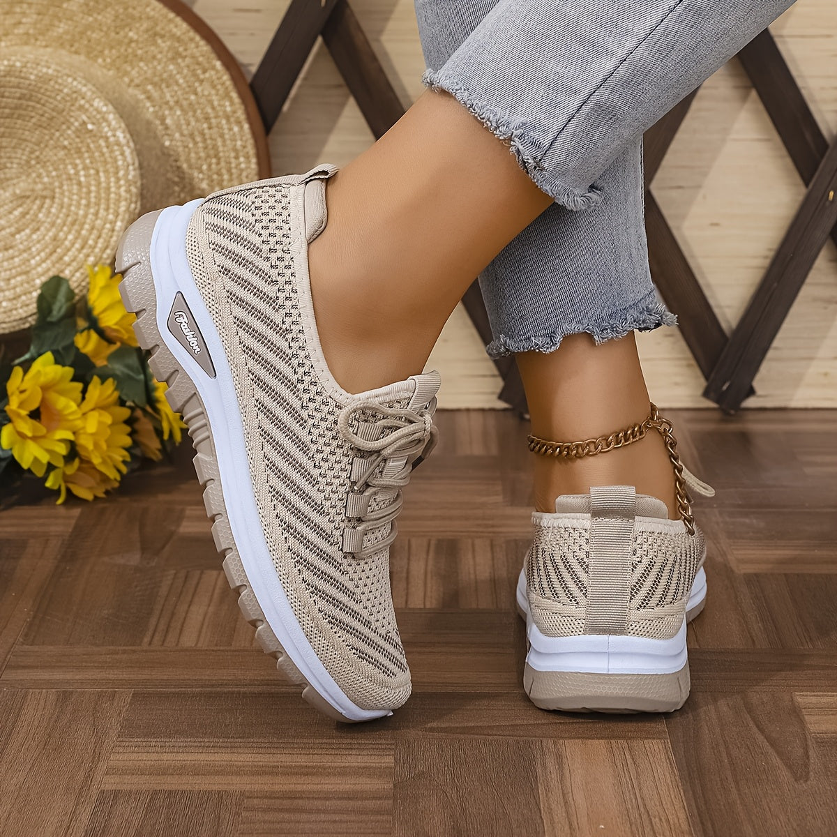 Women'S Breathable Casual Sports Shoes, Knitted Striped Pattern Lace-Up Comfortable Travel Sneakers, Outdoor Anti-Slip Lightweight Walking Beach Vacation Tennis Shoes, Women'S Sneaker, High Cut Shoe Without Lace, Aerobics Dan