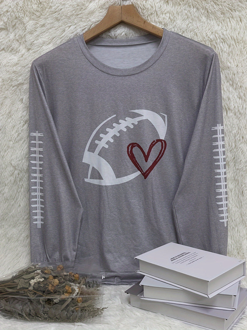 Plus Size Football Print Crew Neck T-shirt, Casual Long Sleeve Top For Spring & Fall, Women's Plus Size Clothing