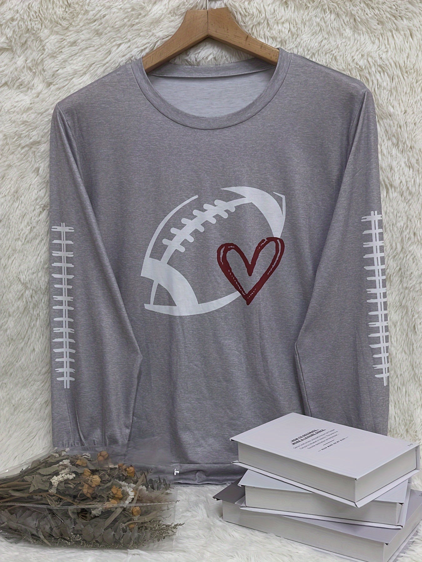 Plus Size Football Print Crew Neck T-shirt, Casual Long Sleeve Top For Spring & Fall, Women's Plus Size Clothing