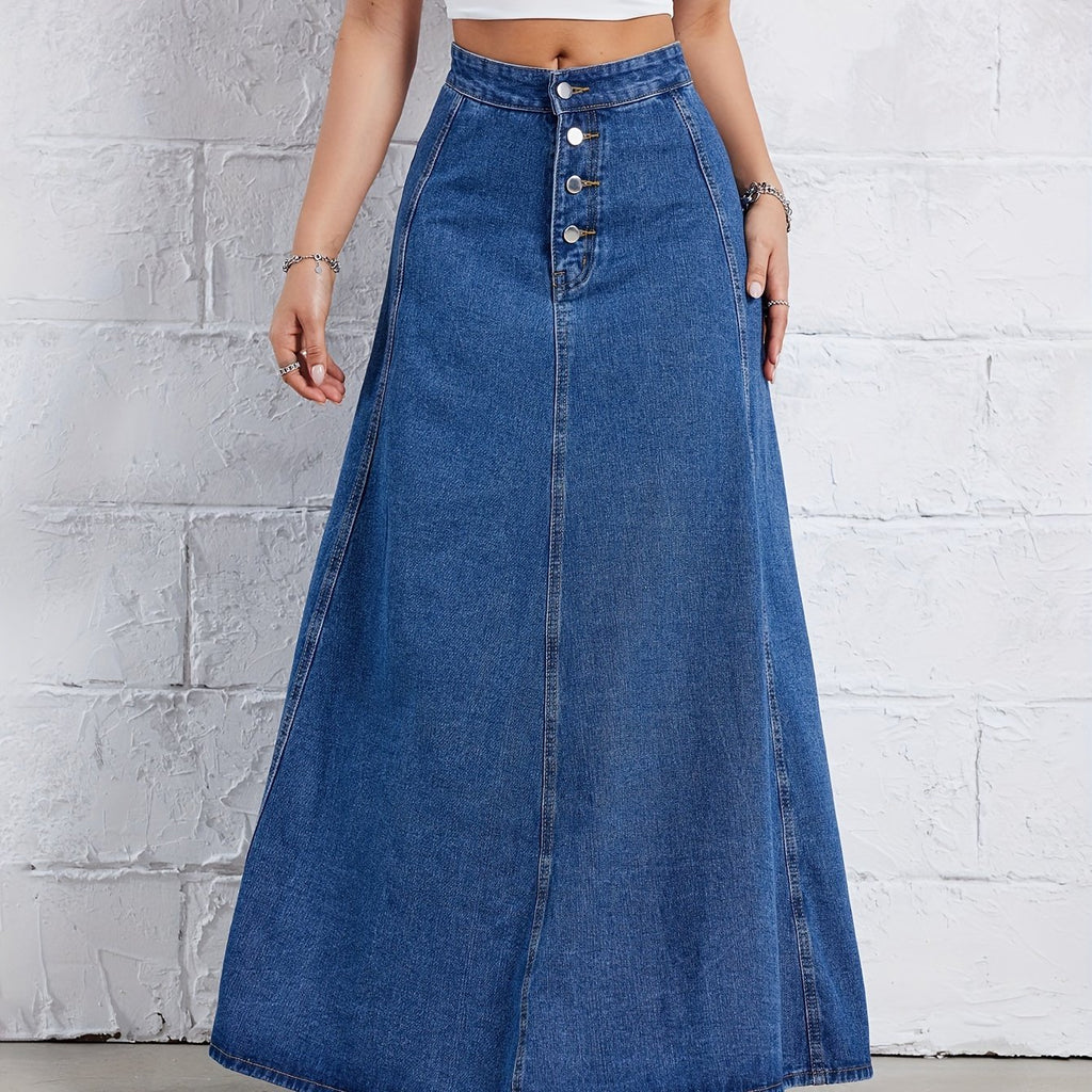 Plain Washed Blue Denim Skirt, Elegant High Rise Maxi Denim Skirt, Women's Denim Jeans & Clothing