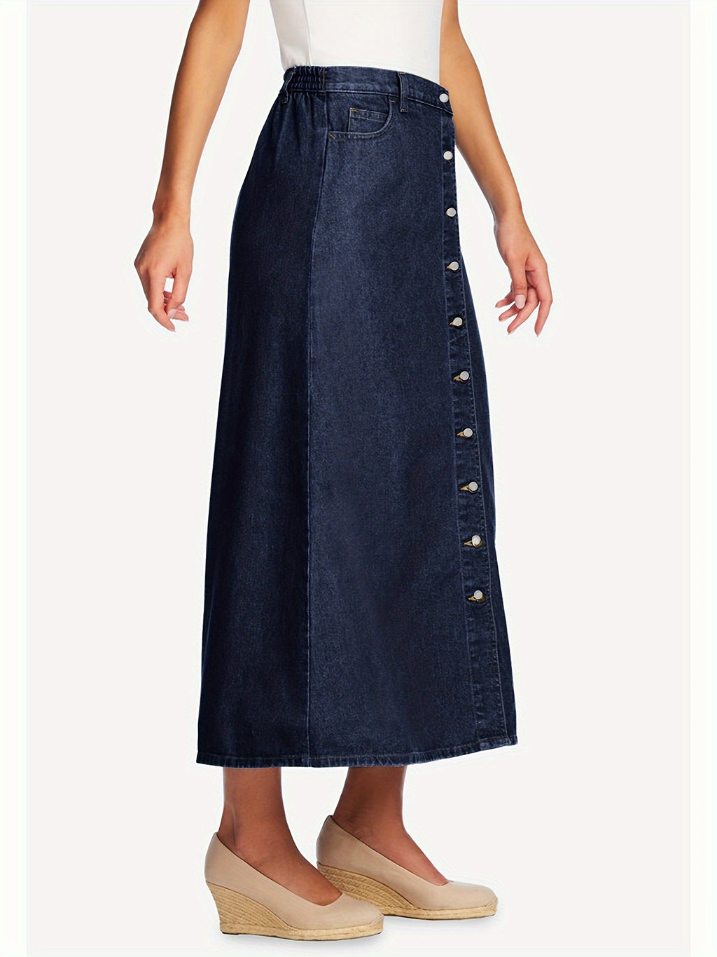 Women's Plus Size Perfect Plain Dark Washed Blue Button-Front Casual A-Line Maxi Denim Skirt