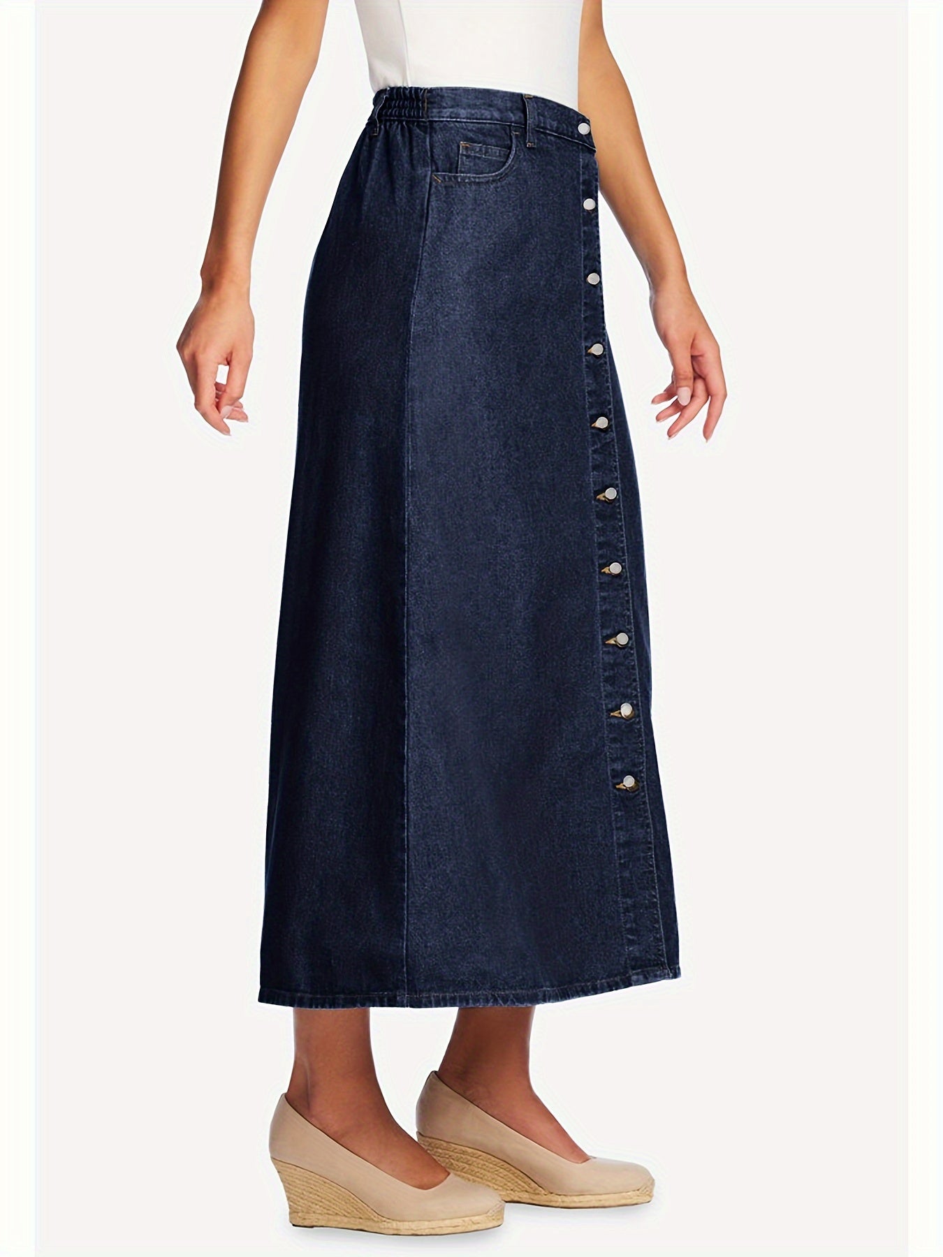 Women's Plus Size Perfect Plain Dark Washed Blue Button-Front Casual A-Line Maxi Denim Skirt