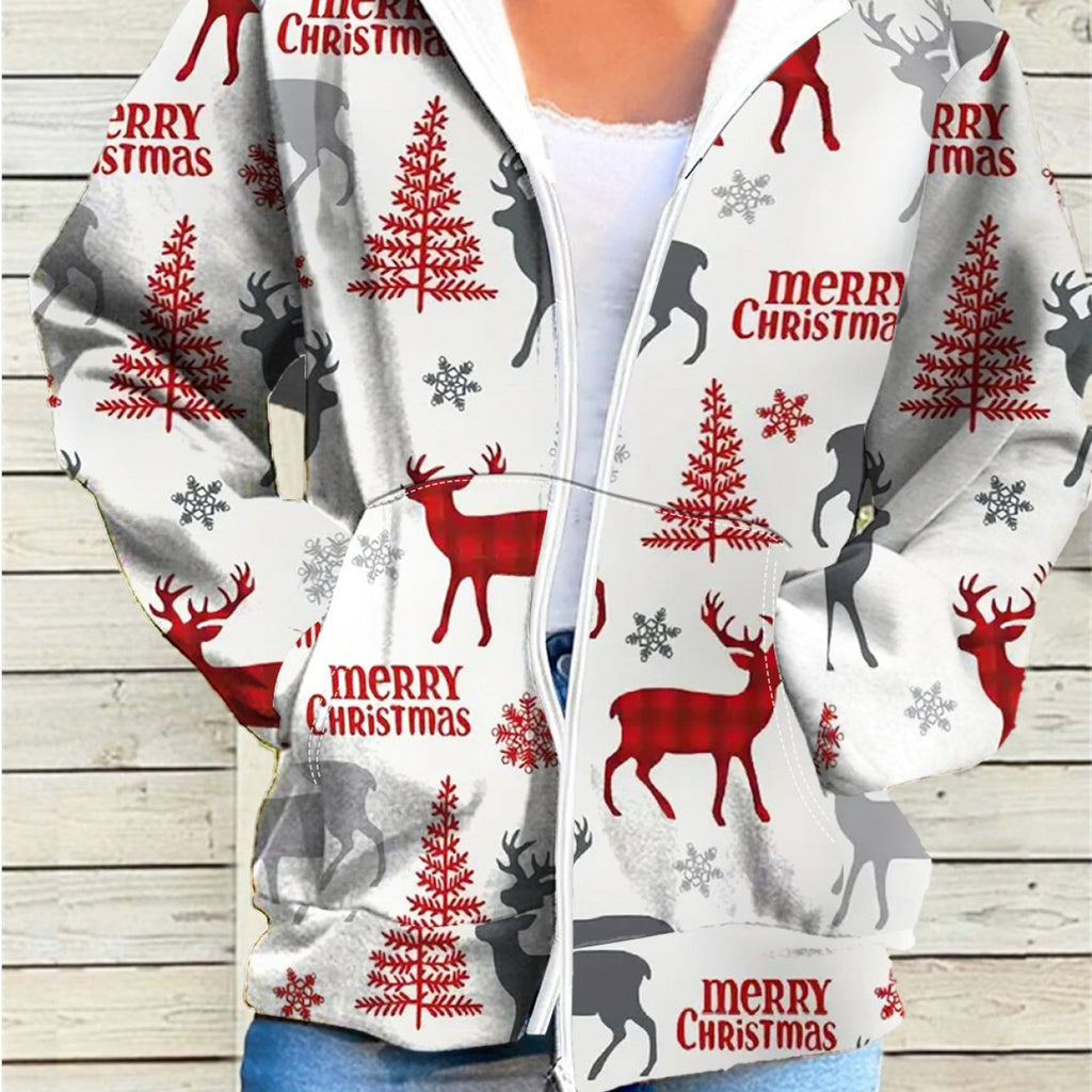 Women's Elegant Winter White & Red Christmas Jacket with Reindeer, Snowflakes & Tree Print - Full-Zip Hooded Coat, Full-Length Zipper Closure, Machine Washable Casual Outerwear for Holiday Parties, Christmas Outfits & Everyda
