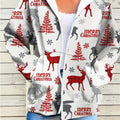 Women's Elegant Winter White & Red Christmas Jacket with Reindeer, Snowflakes & Tree Print - Full-Zip Hooded Coat, Full-Length Zipper Closure, Machine Washable Casual Outerwear for Holiday Parties, Christmas Outfits & Everyda