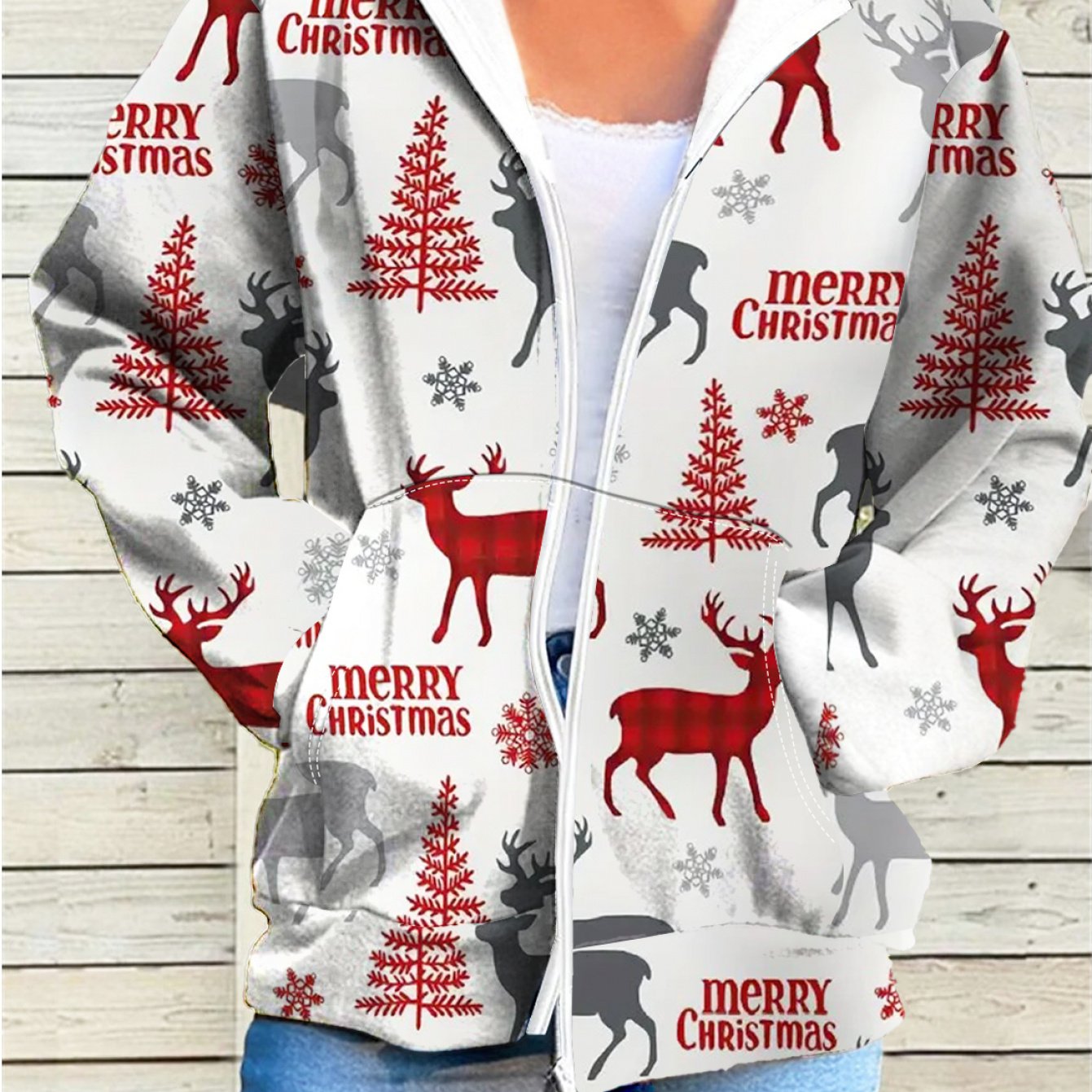 Women's Elegant Winter White & Red Christmas Jacket with Reindeer, Snowflakes & Tree Print - Full-Zip Hooded Coat, Full-Length Zipper Closure, Machine Washable Casual Outerwear for Holiday Parties, Christmas Outfits & Everyda