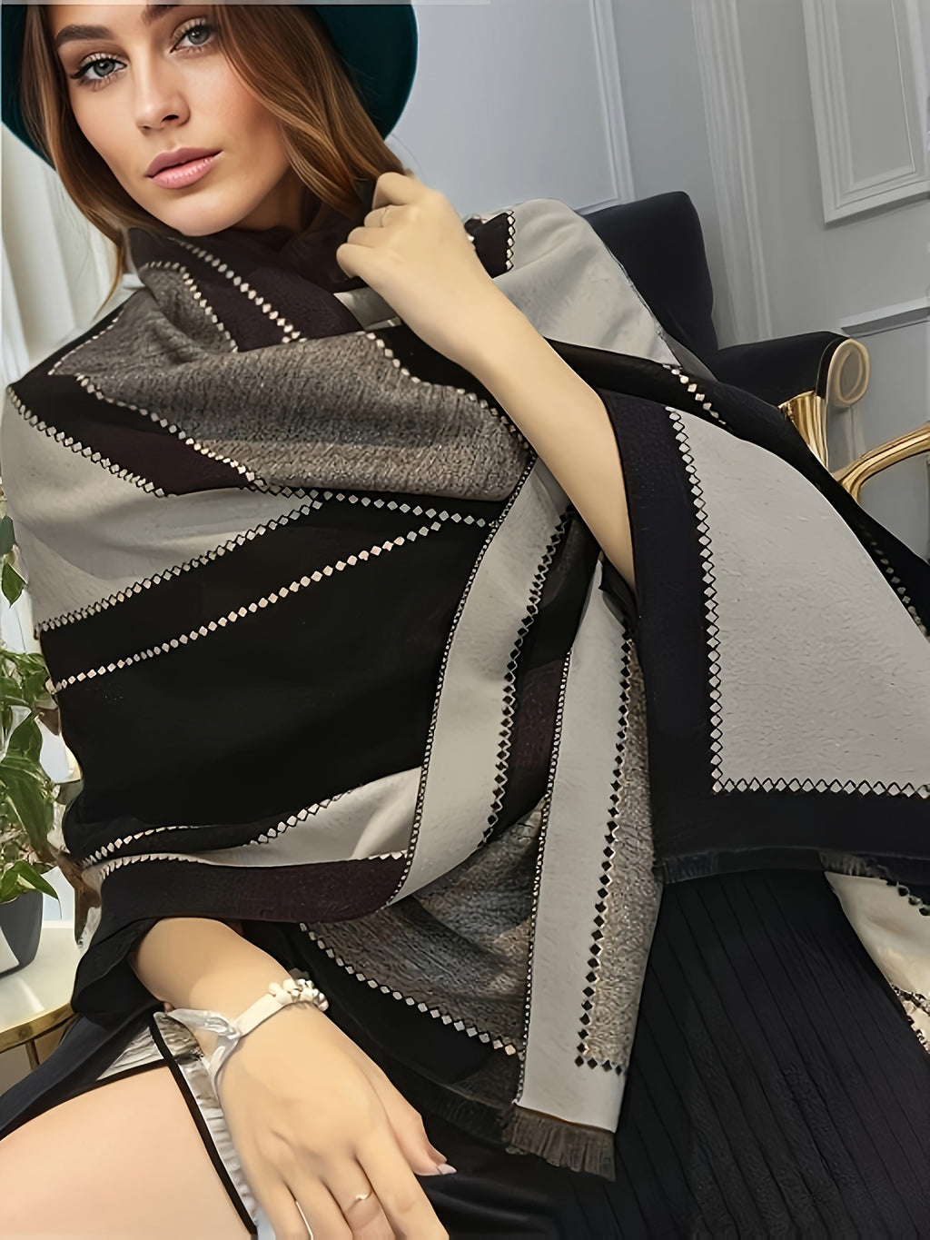 Plus Size Colorblock Striped Shawl Coat, Casual Open Front Cover Up Scarf Outwear, Women's Plus Size Clothing