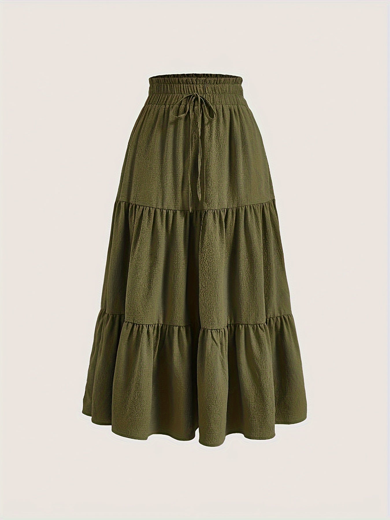 Plus Size Solid Tiered Skirt, Casual Drawstring Elastic Waist Midi Skirt, Women's Plus Size Clothing