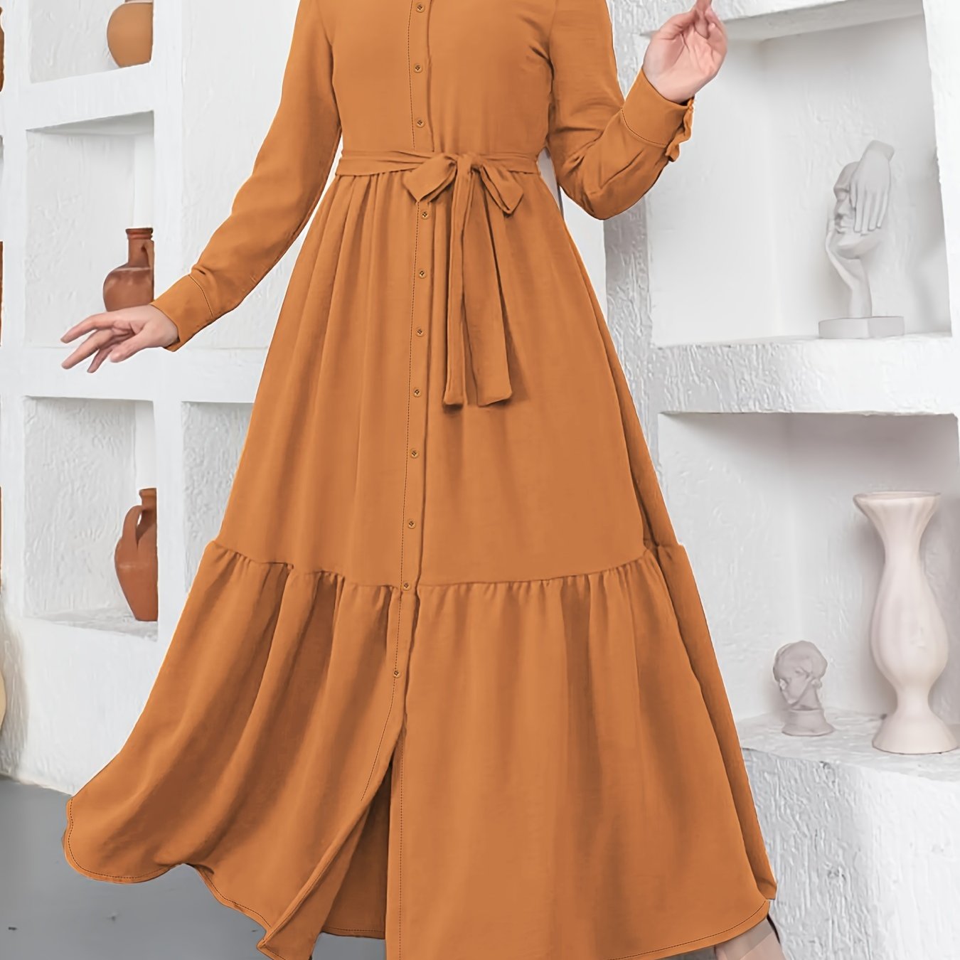 Elegant Solid Color Maxi Dress with Collar and Tie Waist - Button Detail, Non-Stretch Polyester Blend, Machine Washable - Perfect for All Seasons