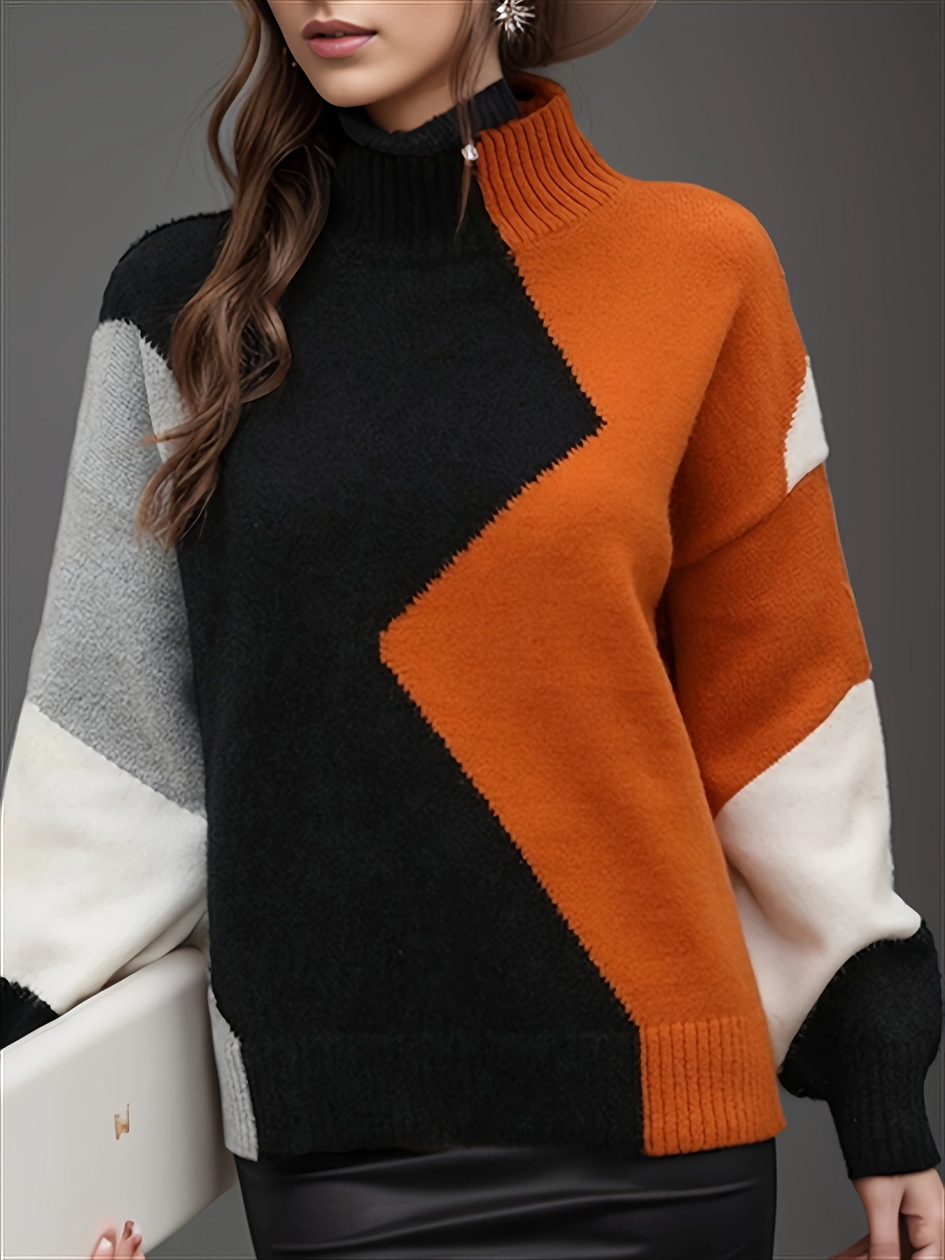 Plus Size Color Block Turtle Neck Sweater, Long Sleeve Elegant Sweater For Spring & Winter, Women's Plus Size Clothing