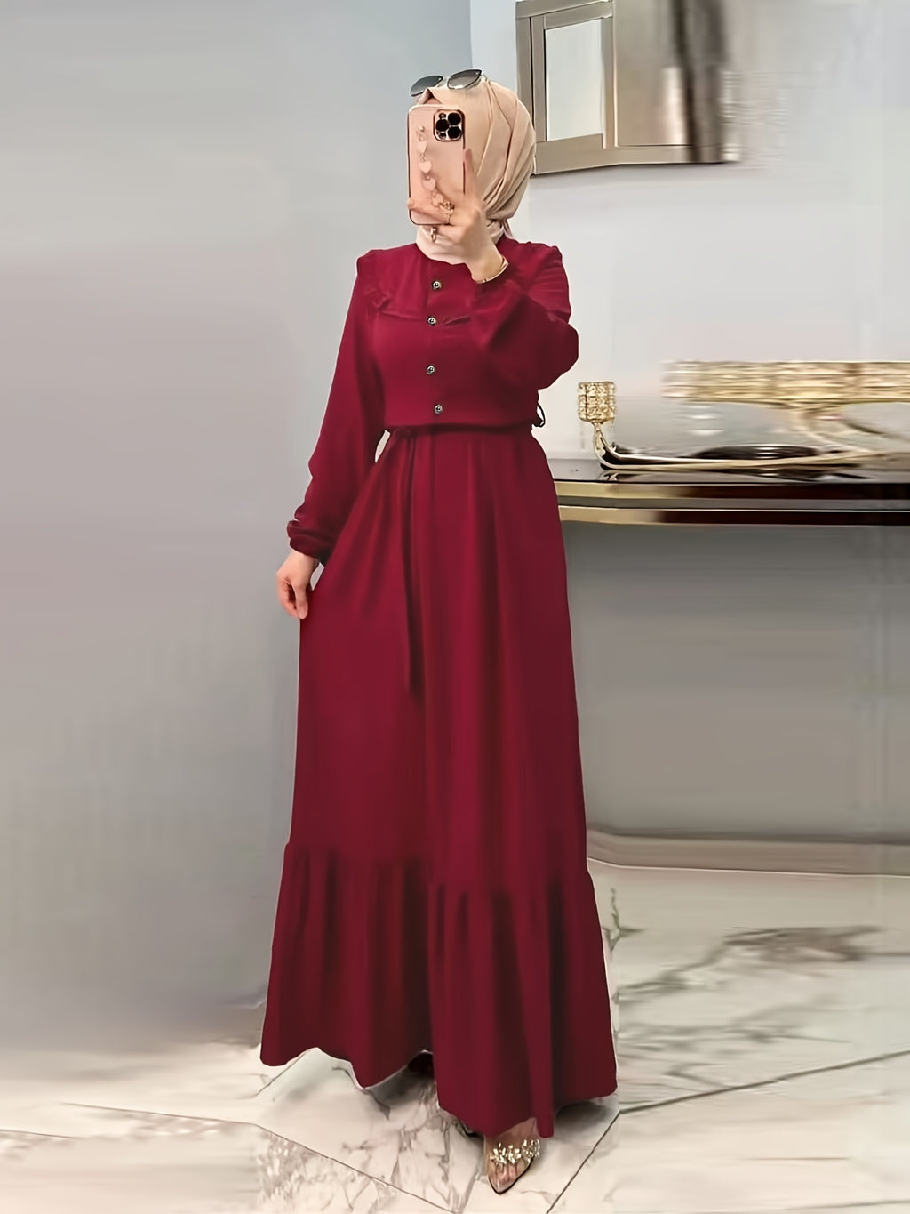 Modest Elegance, Elegant Solid Color Maxi Dress for Women - Casual Long Sleeve with Button Detail, Non-Stretch Polyester Blend, Machine Washable - Perfect for All Seasons