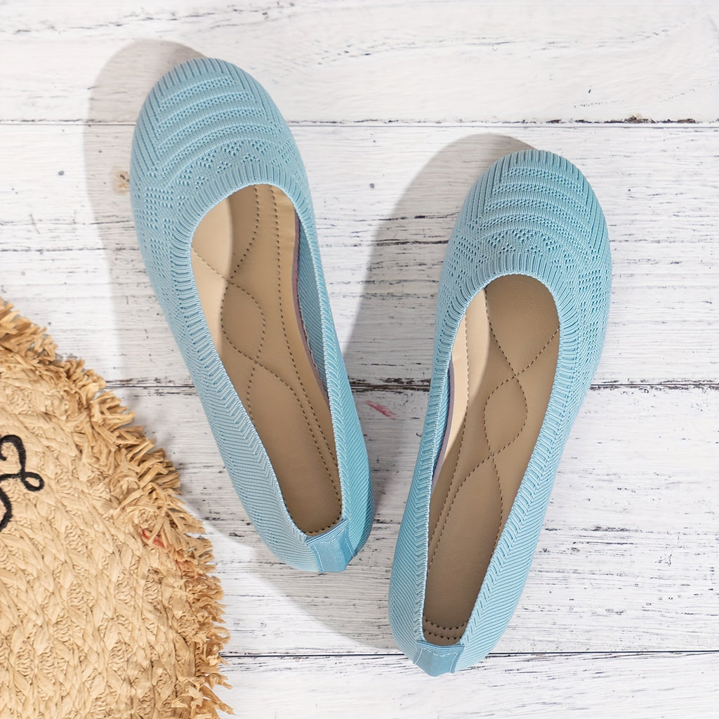 Women'S Light Blue Knit Slip-On Flats with Ankle Strap - Round Toe Casual Shoes, Comfortable Fabric Upper & Synthetic Cover Lining, All-Season Versatile for Casual Attire, Ladies Shoes