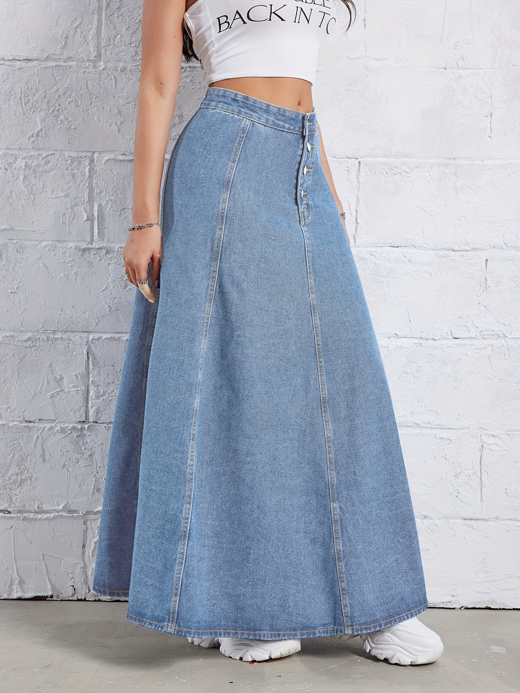 Plain Washed Blue Denim Skirt, Elegant High Rise Maxi Denim Skirt, Women's Denim Jeans & Clothing