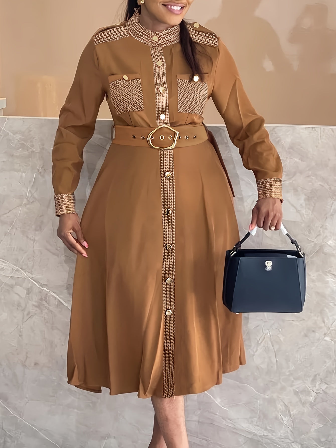 Plus Size Elegant Midi Dress - Solid Color Splicing, Long Sleeve, Mock Neck, Breast Pockets, Belted, Epaulets, Flattering Silhouette, Comfortable Wear - Women's Plus Size Clothing for Special Occasions