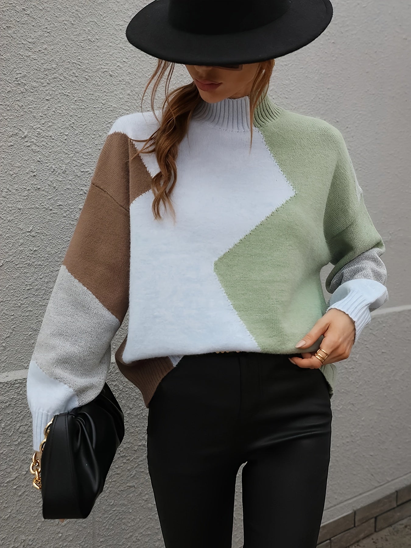 Plus Size Color Block Turtle Neck Sweater, Long Sleeve Elegant Sweater For Spring & Winter, Women's Plus Size Clothing