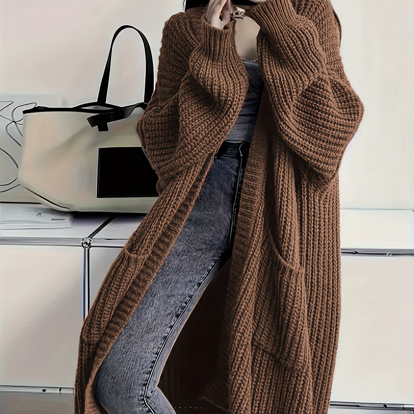 Plus Size Open Front Loose Knit Cardigan, Casual Long Sleeve Long Length Cardigan With Pocket, Women's Plus Size Clothing