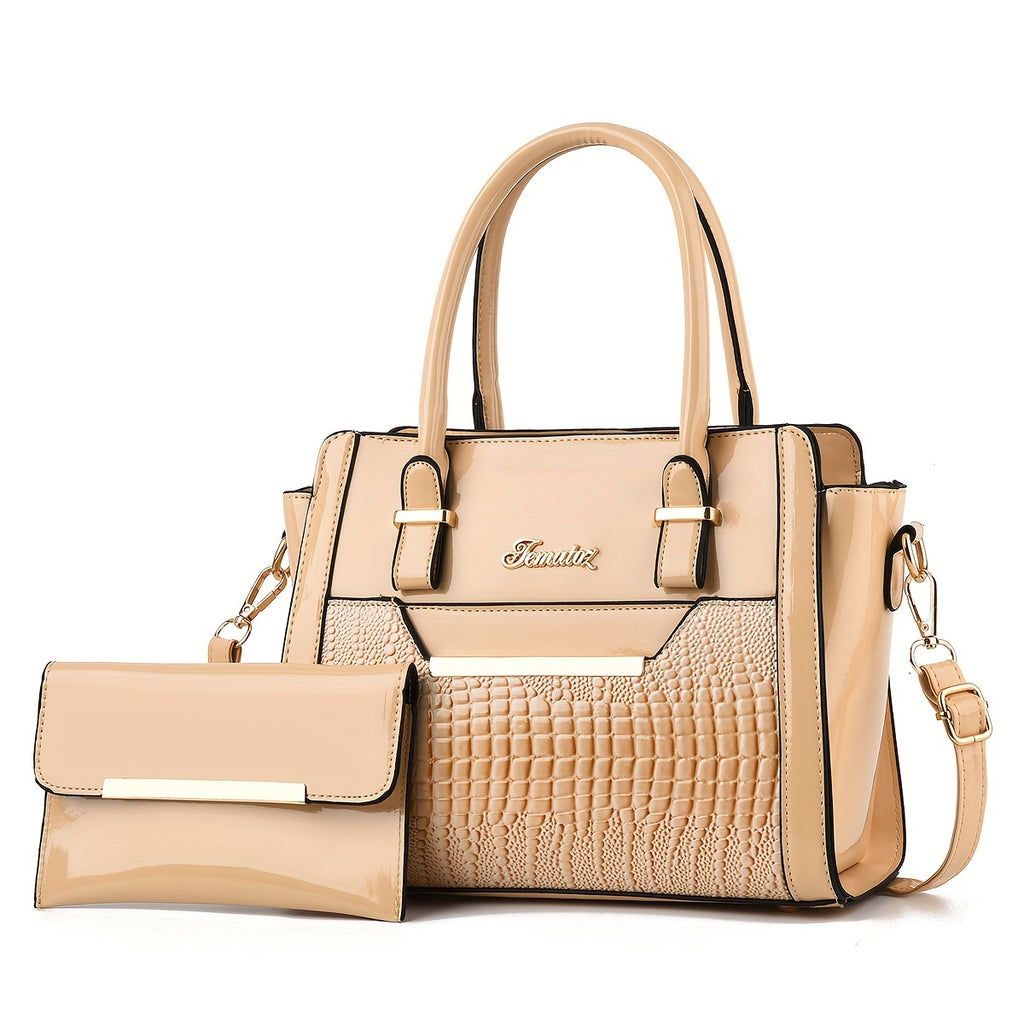 Classic Solid Color Crocodile Pattern Handbag with Clutch Purse, Textured Bags for Wo