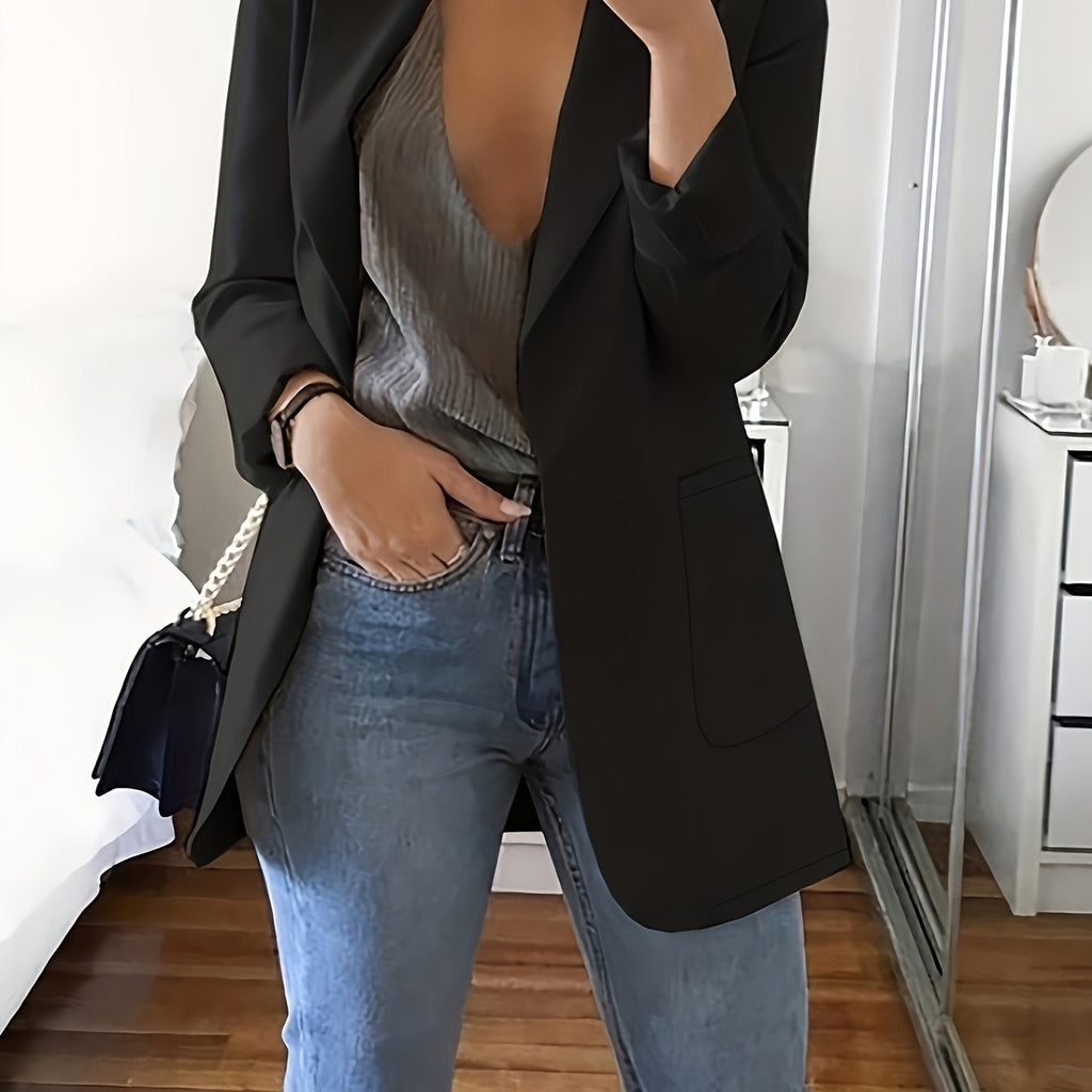 Plus Size Solid Open Front Blazer, Elegant Lapel Long Sleeve Blazer For Office & Work, Women's Plus Size Clothing
