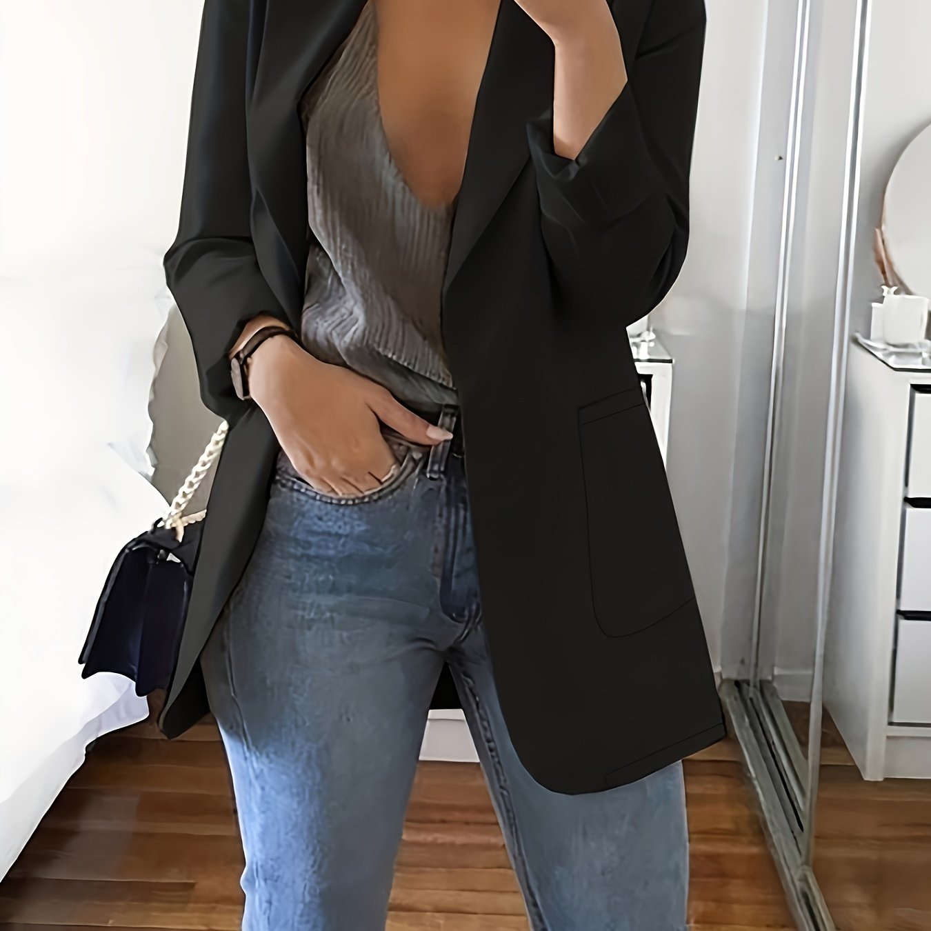 Plus Size Solid Open Front Blazer, Elegant Lapel Long Sleeve Blazer For Office & Work, Women's Plus Size Clothing