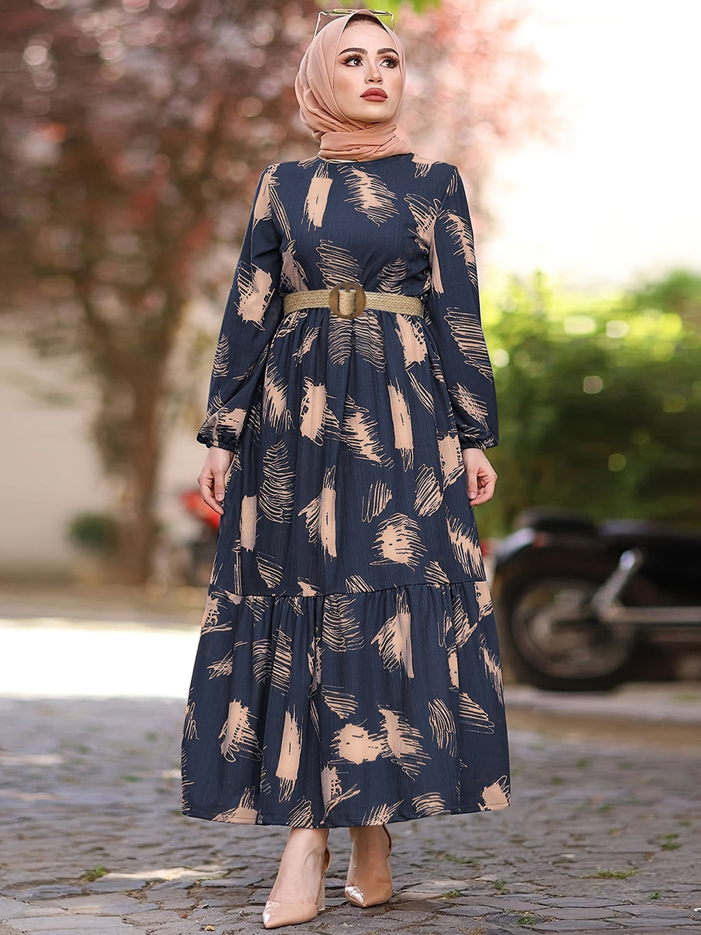 Ramadan All Over Print Crew Neck Kaftan, Casual Long Sleeve Maxi Dress, Women's Clothing