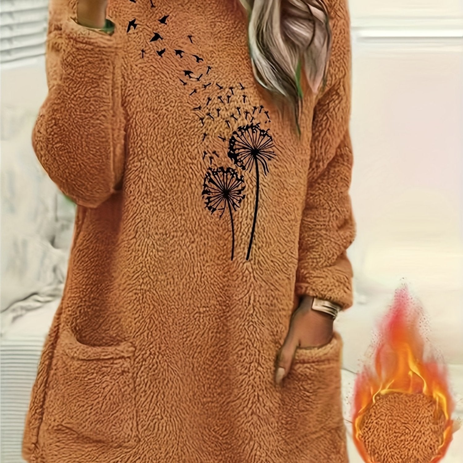Women'S Cozy Fleece-Lined Long Sleeve Pullover Sweatshirt with Dandelion Print - Soft, Stretchy, and Casual Fall/Winter Wear, Orange, Round Neck, Regular Fit, Casual Wear|Dandelion Print Top|Stretchy Fabric, Women Jumper And