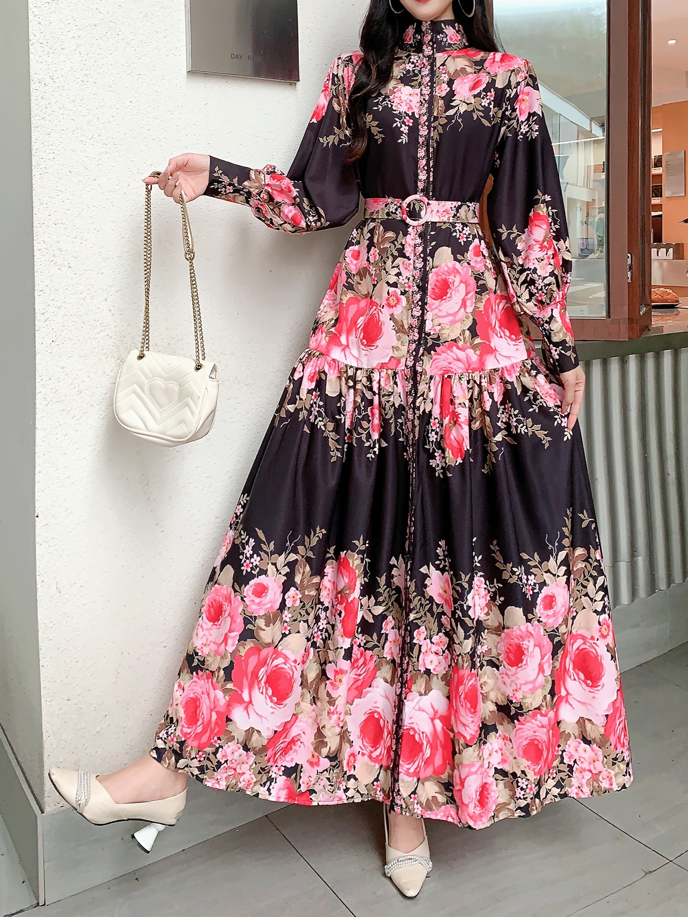 1pc Elegant Vintage Floral Chiffon Dress for Women - Long Sleeve Stand Collar Maxi Dress with Belt Detail, Regular Fit Woven Dress for All Seasons
