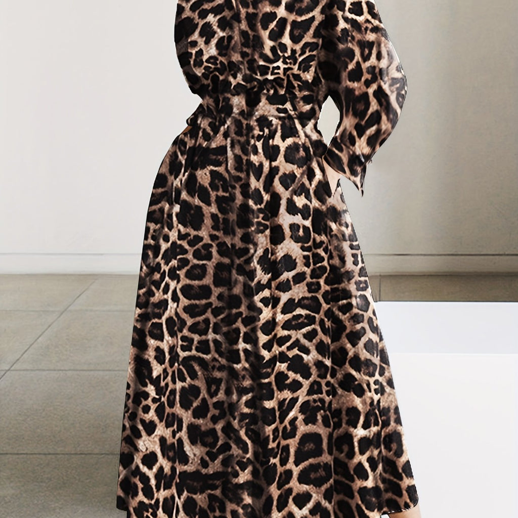 Leopard Print Maxi Dress, Casual Button Front Long Sleeve Dress, Women's Clothing