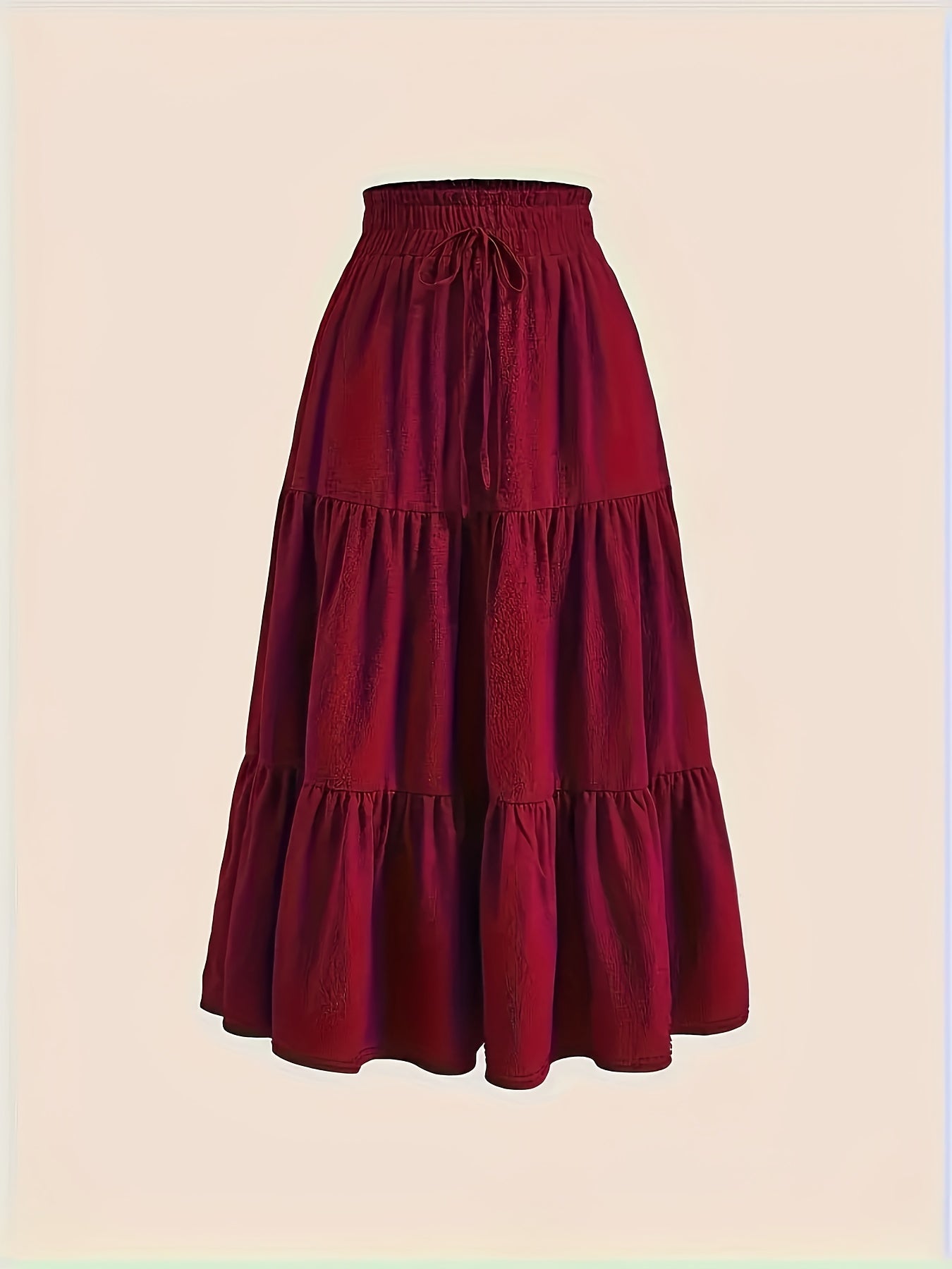 Plus Size Solid Ruched Tiered Skirt, Casual Elastic Waist Midi Skirt For Spring & Summer, Women's Plus Size Clothing